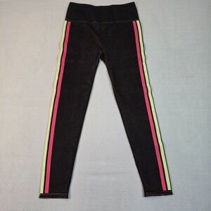 Girls Black Athletic Leggings Neon Pink Yellow Side Stripe Activewear Pants